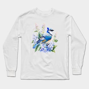 Watercolor Blue Jay and Blue Hydrangeas Long Sleeve T-Shirt